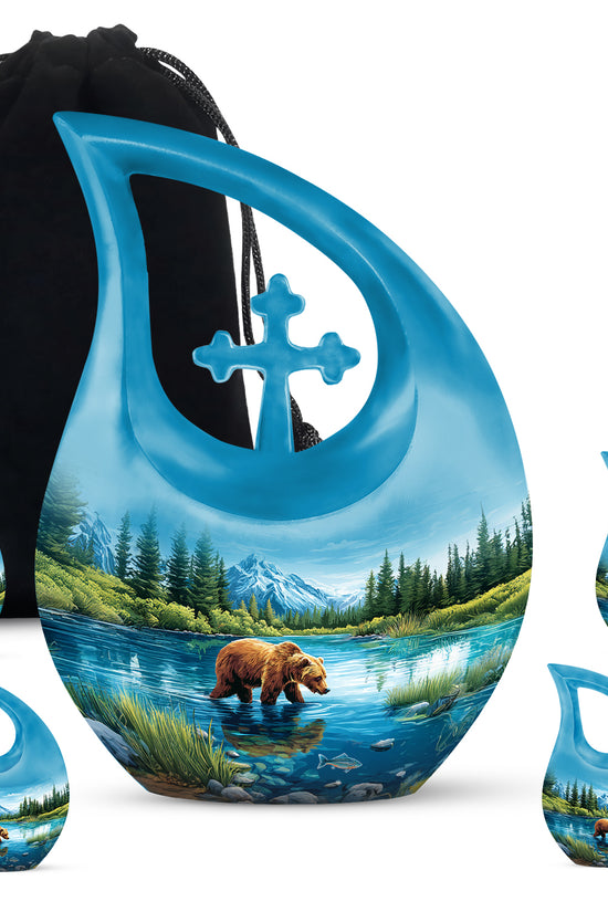 Powder Blue Bear Cremation Urn urn with complimentary velvet bag - cross and bear combined in spiritual memorial design - memorial set with one large and four small urns