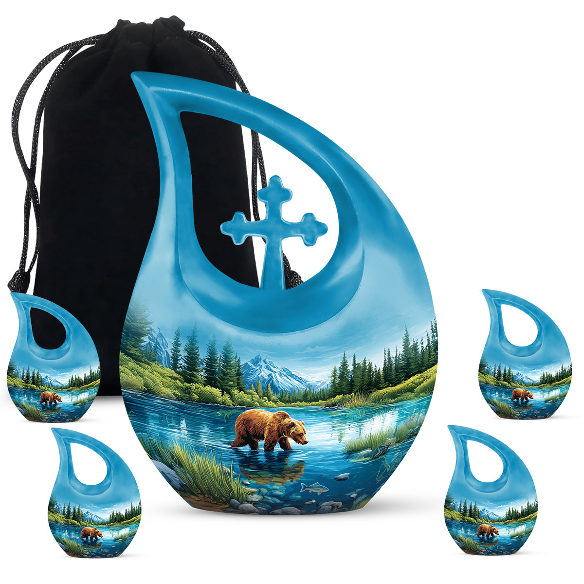 Powder Blue Bear Cremation Urn urn with complimentary velvet bag - cross and bear combined in spiritual memorial design - memorial set with one large and four small urns