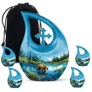 Powder Blue Bear Cremation Urn urn with complimentary velvet bag - cross and bear combined in spiritual memorial design - memorial set with one large and four small urns
