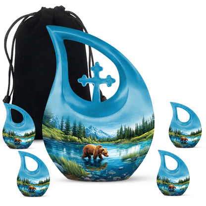 Powder Blue Bear Cremation Urn urn with complimentary velvet bag - cross and bear combined in spiritual memorial design - memorial set with one large and four small urns