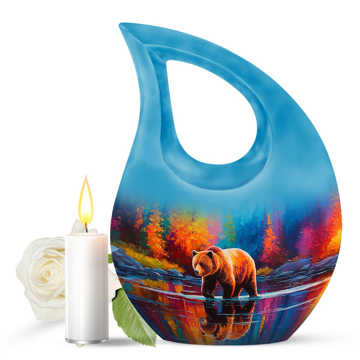 Blue Exquisite Bear Memorial Urn for Ashes - 10-inch, 200 cu in - Yatskia