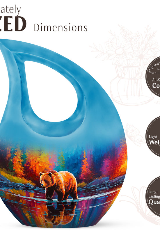 Sapphire Blue Bear Cremation Urn back view with polished surface - faith-inspired cross-drop urn with bear pattern - mini keepsake memorial for portion of cremation ashes