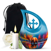 Indigo Bear Cremation Urn top-down view of secure threaded lid - cross and bear combined in spiritual memorial design - full-size 10 inch 200 cubic inch adult cremation urn