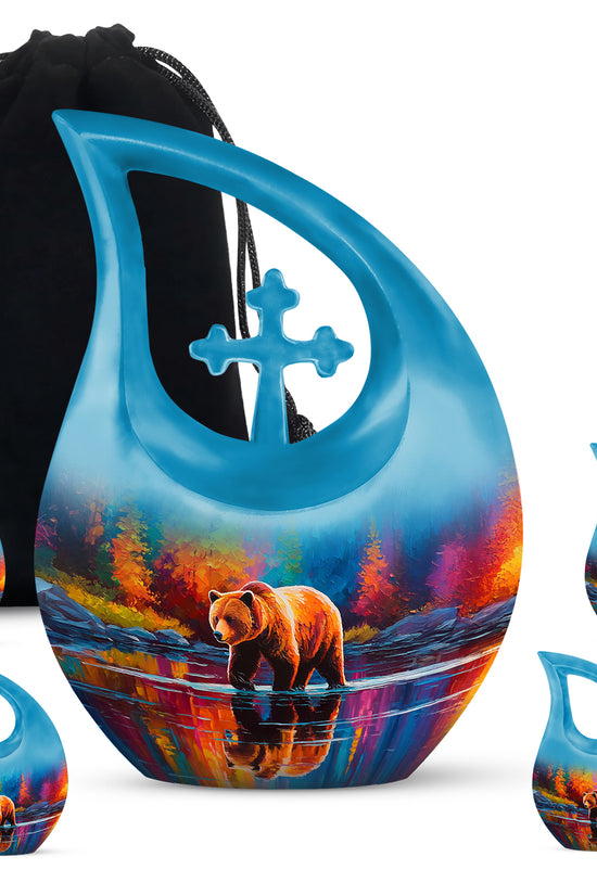 Sky Blue Bear Cremation Urn urn with complimentary velvet bag - sacred cross merged with bear motif on metal - memorial set with one large and four small urns