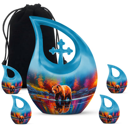 Sky Blue Bear Cremation Urn urn with complimentary velvet bag - sacred cross merged with bear motif on metal - memorial set with one large and four small urns