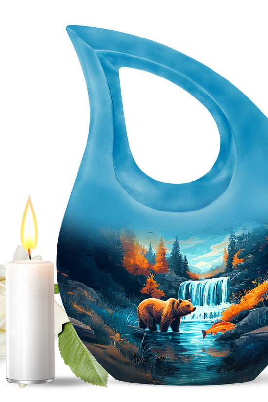 Teal Breathtaking Bear Memorial Urn for Ashes - 10-inch, 200 cu in - Yatskia