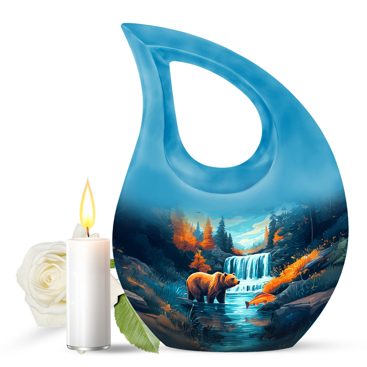 Teal Breathtaking Bear Memorial Urn for Ashes - 10-inch, 200 cu in - Yatskia