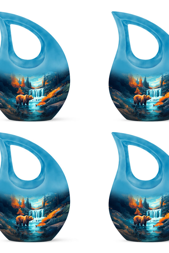 Deep Teal Bear Cremation Urn lifestyle display on memorial shelf - faith-inspired cross-drop urn with bear pattern - 10 inch aluminum urn for cremated remains