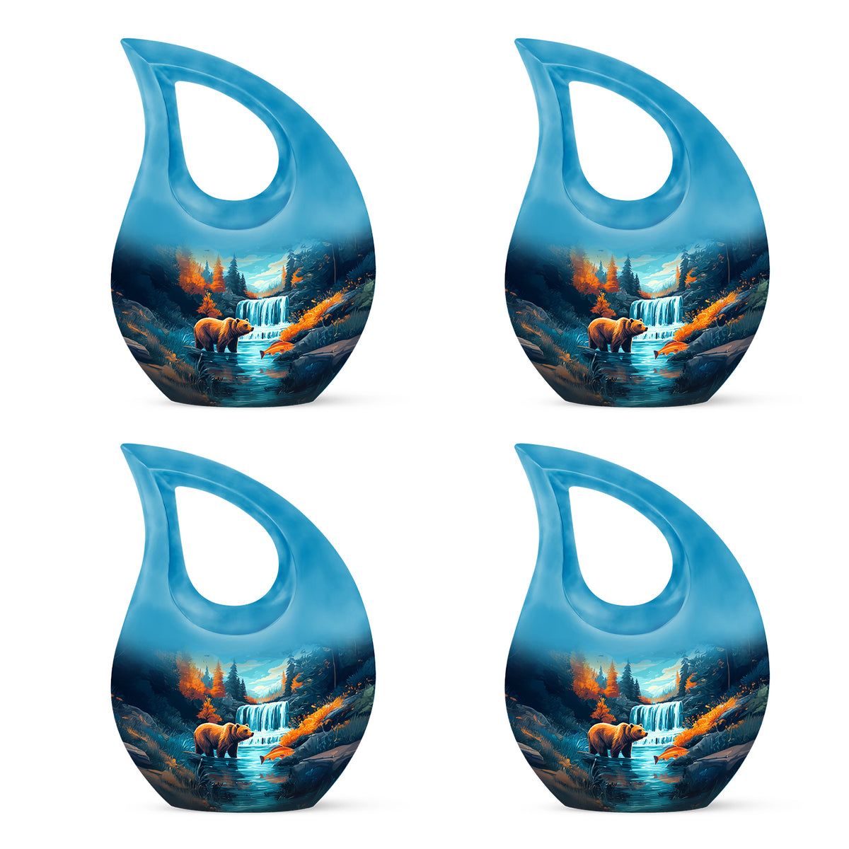 Deep Teal Bear Cremation Urn lifestyle display on memorial shelf - faith-inspired cross-drop urn with bear pattern - 10 inch aluminum urn for cremated remains