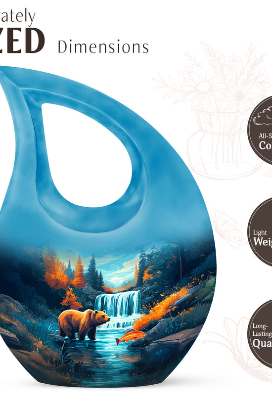Mystic Teal Bear Cremation Urn back view with polished surface - devotional cross-drop bear engraving - mini keepsake memorial for portion of cremation ashes