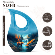 Mystic Teal Bear Cremation Urn back view with polished surface - devotional cross-drop bear engraving - mini keepsake memorial for portion of cremation ashes