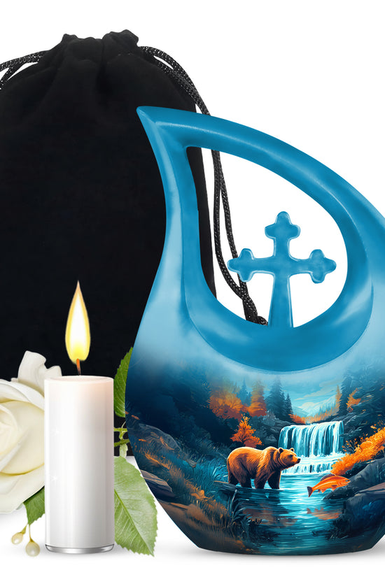 Tropical Teal Bear Cremation Urn top-down view of secure threaded lid - devotional cross-drop bear engraving - full-size 10 inch 200 cubic inch adult cremation urn