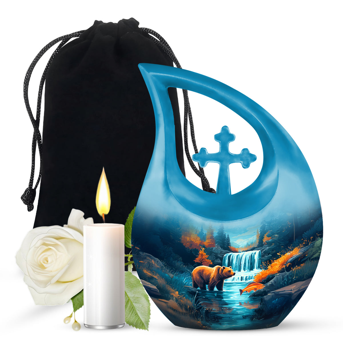 Tropical Teal Bear Cremation Urn top-down view of secure threaded lid - devotional cross-drop bear engraving - full-size 10 inch 200 cubic inch adult cremation urn