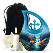 Tropical Teal Bear Cremation Urn top-down view of secure threaded lid - devotional cross-drop bear engraving - full-size 10 inch 200 cubic inch adult cremation urn