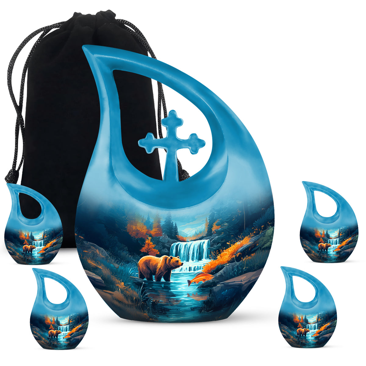 Tropical Teal Bear Cremation Urn urn with complimentary velvet bag - faith-inspired cross-drop urn with bear pattern - memorial set with one large and four small urns