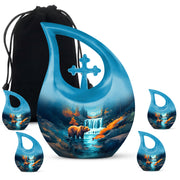 Tropical Teal Bear Cremation Urn urn with complimentary velvet bag - faith-inspired cross-drop urn with bear pattern - memorial set with one large and four small urns