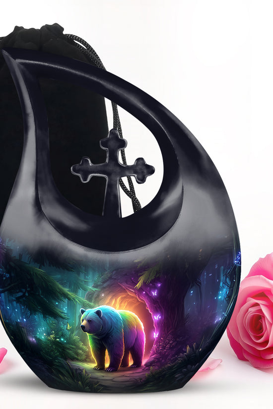 Cobalt Blue Bear Cremation Urn top-down view of secure threaded lid - faith-inspired cross-drop urn with bear pattern - full-size 10 inch 200 cubic inch adult cremation urn