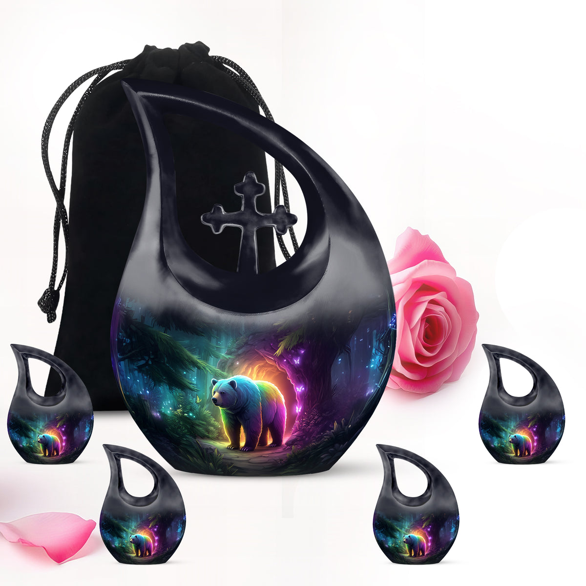 Steel Blue Bear Cremation Urn urn with complimentary velvet bag - devotional cross-drop bear engraving - memorial set with one large and four small urns
