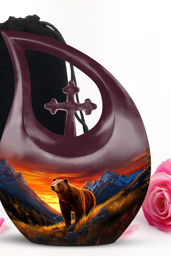 Celestial Blue Bear Cremation Urn top-down view of secure threaded lid - cross and bear combined in spiritual memorial design - full-size 10 inch 200 cubic inch adult cremation urn