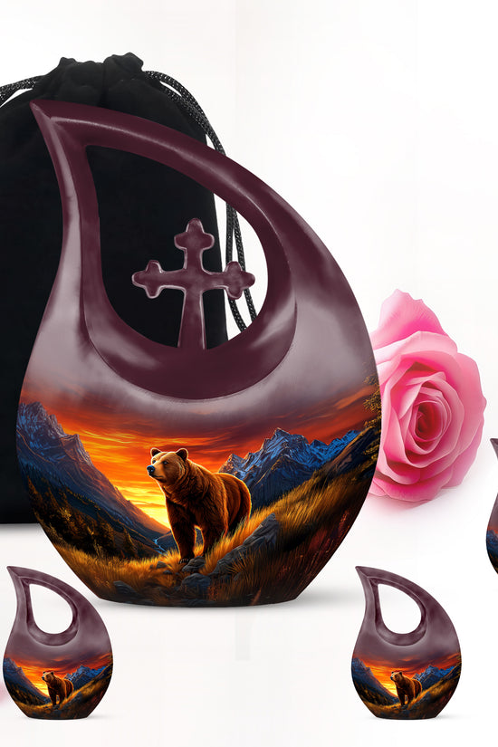 Calming Blue Bear Cremation Urn urn with complimentary velvet bag - faith-inspired cross-drop urn with bear pattern - memorial set with one large and four small urns