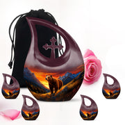 Calming Blue Bear Cremation Urn urn with complimentary velvet bag - faith-inspired cross-drop urn with bear pattern - memorial set with one large and four small urns