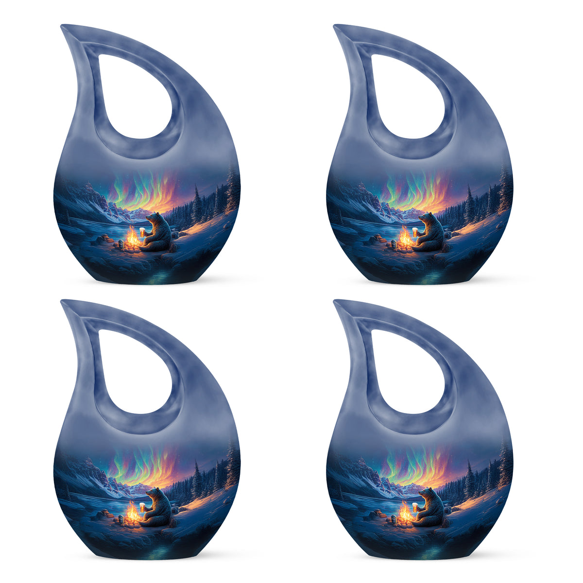 Icy Blue Bear Cremation Urn lifestyle display on memorial shelf - cross and bear combined in spiritual memorial design - 10 inch aluminum urn for cremated remains