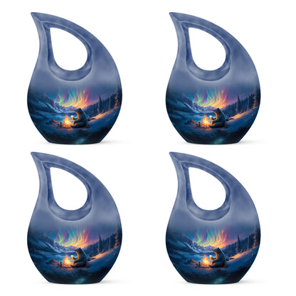 Icy Blue Bear Cremation Urn lifestyle display on memorial shelf - cross and bear combined in spiritual memorial design - 10 inch aluminum urn for cremated remains