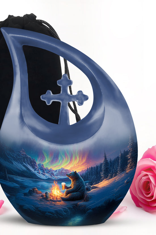 Navy Blue Bear Cremation Urn top-down view of secure threaded lid - cross and bear combined in spiritual memorial design - full-size 10 inch 200 cubic inch adult cremation urn