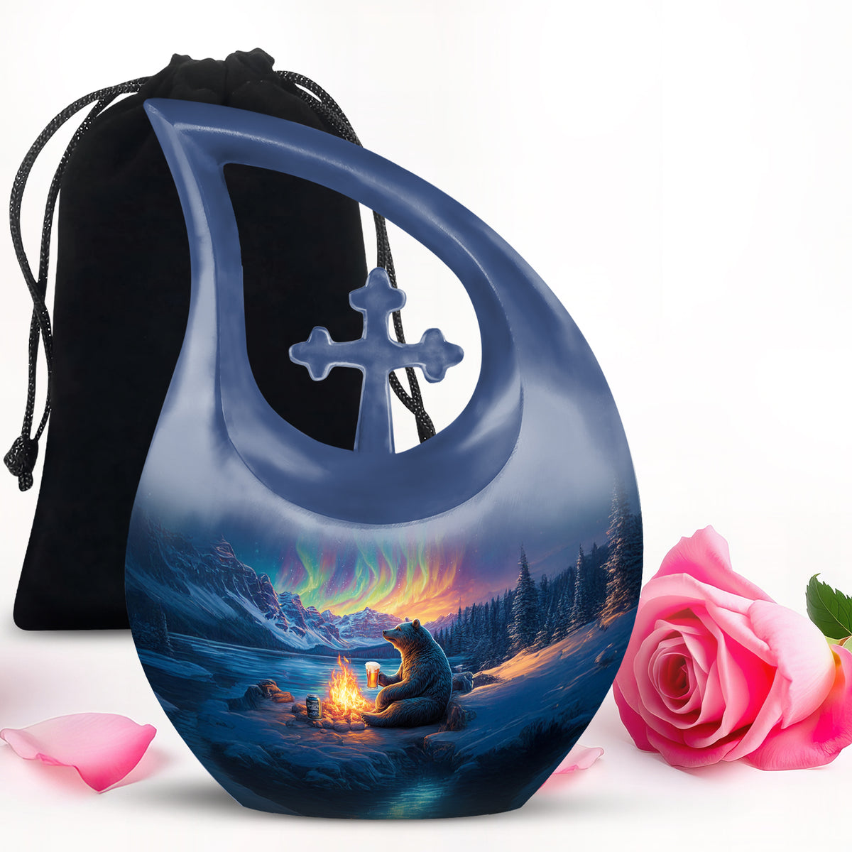 Navy Blue Bear Cremation Urn top-down view of secure threaded lid - cross and bear combined in spiritual memorial design - full-size 10 inch 200 cubic inch adult cremation urn