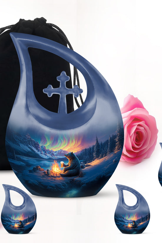 Indigo Bear Cremation Urn urn with complimentary velvet bag - sacred cross merged with bear motif on metal - memorial set with one large and four small urns