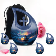 Indigo Bear Cremation Urn urn with complimentary velvet bag - sacred cross merged with bear motif on metal - memorial set with one large and four small urns