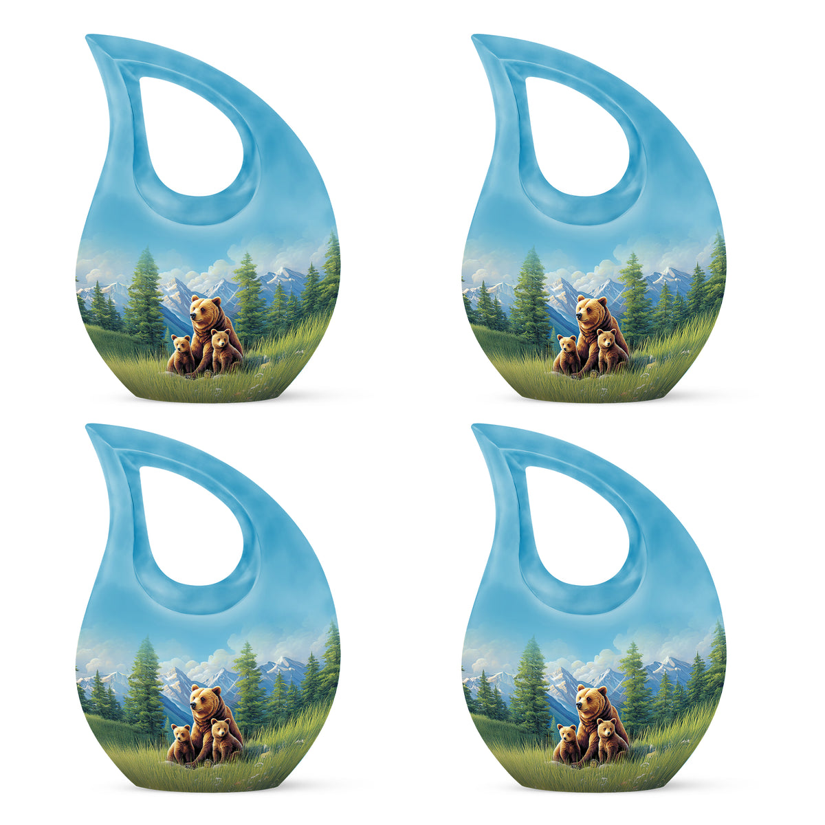 Azure Bear Cremation Urn lifestyle display on memorial shelf - sacred cross merged with bear motif on metal - 10 inch aluminum urn for cremated remains