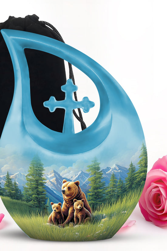Indigo Bear Cremation Urn top-down view of secure threaded lid - cross and bear combined in spiritual memorial design - full-size 10 inch 200 cubic inch adult cremation urn