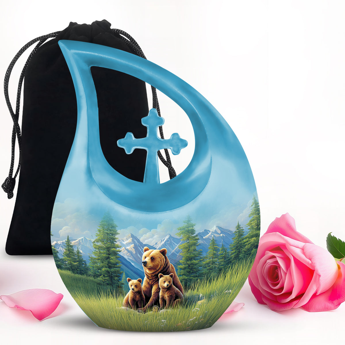 Indigo Bear Cremation Urn top-down view of secure threaded lid - cross and bear combined in spiritual memorial design - full-size 10 inch 200 cubic inch adult cremation urn