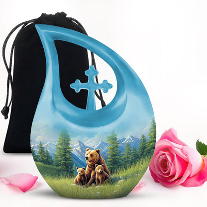 Indigo Bear Cremation Urn top-down view of secure threaded lid - cross and bear combined in spiritual memorial design - full-size 10 inch 200 cubic inch adult cremation urn