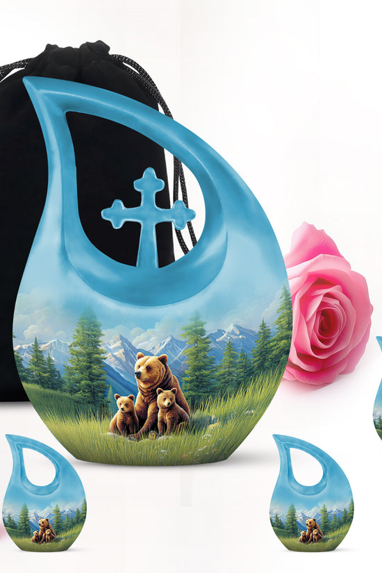 Dusty Blue Bear Cremation Urn urn with complimentary velvet bag - sacred cross merged with bear motif on metal - memorial set with one large and four small urns