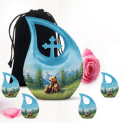 Dusty Blue Bear Cremation Urn urn with complimentary velvet bag - sacred cross merged with bear motif on metal - memorial set with one large and four small urns