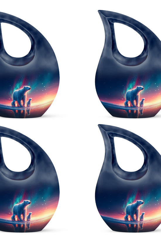 Bright Blue Bear Cremation Urn lifestyle display on memorial shelf - faith-inspired cross-drop urn with bear pattern - 10 inch aluminum urn for cremated remains
