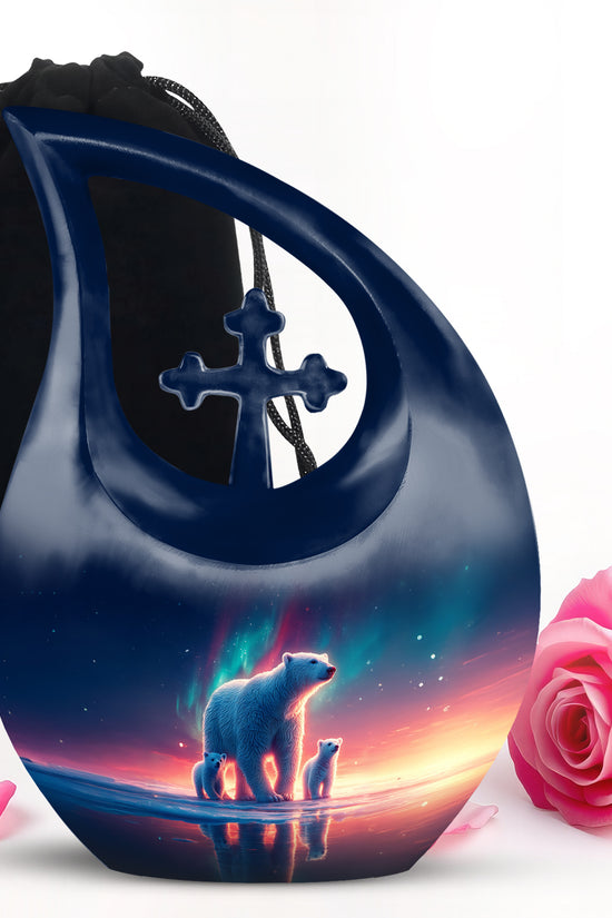 Serene Blue Bear Cremation Urn top-down view of secure threaded lid - faith-inspired cross-drop urn with bear pattern - full-size 10 inch 200 cubic inch adult cremation urn