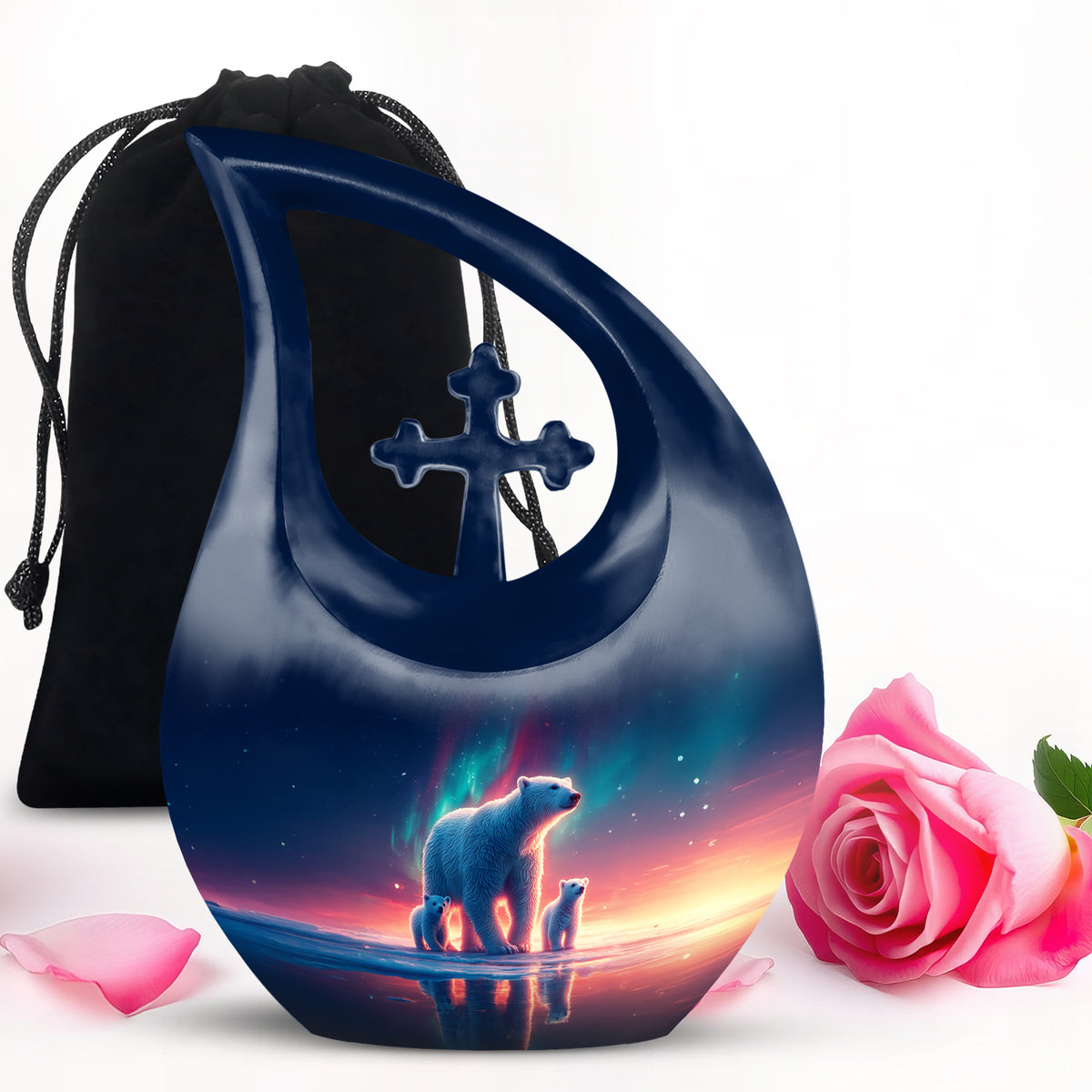 Serene Blue Bear Cremation Urn top-down view of secure threaded lid - faith-inspired cross-drop urn with bear pattern - full-size 10 inch 200 cubic inch adult cremation urn