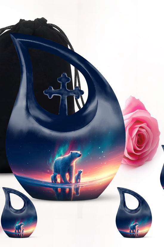 Steel Blue Bear Cremation Urn urn with complimentary velvet bag - faith-inspired cross-drop urn with bear pattern - memorial set with one large and four small urns