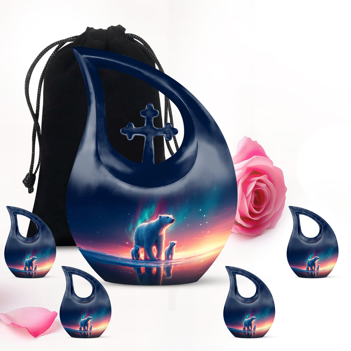 Steel Blue Bear Cremation Urn urn with complimentary velvet bag - faith-inspired cross-drop urn with bear pattern - memorial set with one large and four small urns