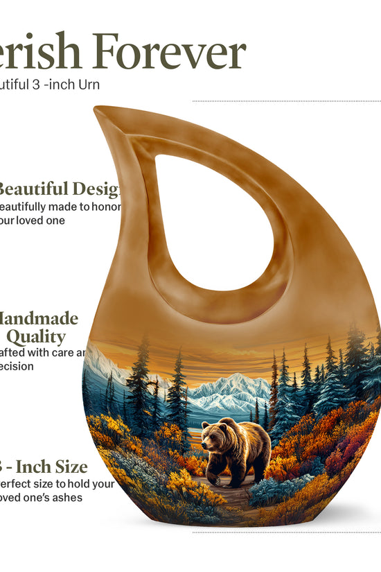 Matte Gold Bear Cremation Urn back view with polished surface - devotional cross-drop bear engraving - mini keepsake memorial for portion of cremation ashes
