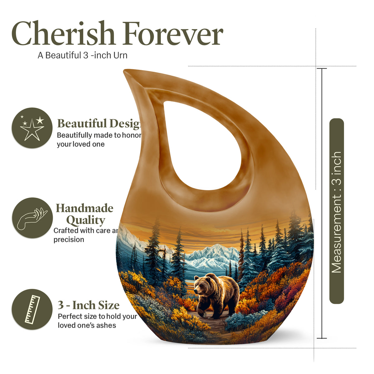 Matte Gold Bear Cremation Urn back view with polished surface - devotional cross-drop bear engraving - mini keepsake memorial for portion of cremation ashes