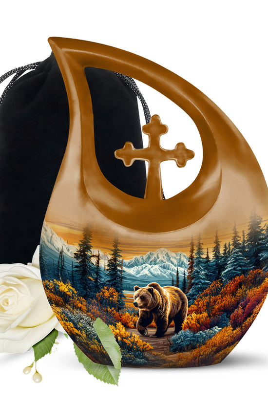 Royal Gold Bear Cremation Urn top-down view of secure threaded lid - faith-inspired cross-drop urn with bear pattern - full-size 10 inch 200 cubic inch adult cremation urn