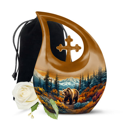 Royal Gold Bear Cremation Urn top-down view of secure threaded lid - faith-inspired cross-drop urn with bear pattern - full-size 10 inch 200 cubic inch adult cremation urn