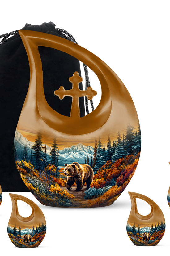 Warm Gold Bear Cremation Urn urn with complimentary velvet bag - devotional cross-drop bear engraving - memorial set with one large and four small urns