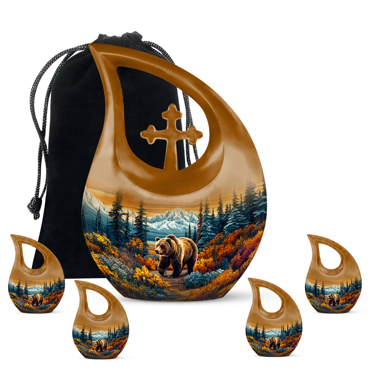 Warm Gold Bear Cremation Urn urn with complimentary velvet bag - devotional cross-drop bear engraving - memorial set with one large and four small urns