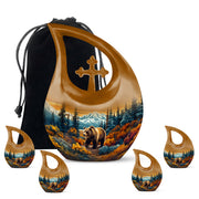 Warm Gold Bear Cremation Urn urn with complimentary velvet bag - devotional cross-drop bear engraving - memorial set with one large and four small urns