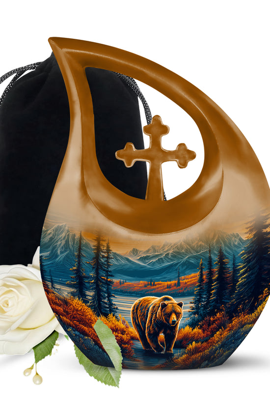 Bright Blue Bear Cremation Urn top-down view of secure threaded lid - devotional cross-drop bear engraving - full-size 10 inch 200 cubic inch adult cremation urn